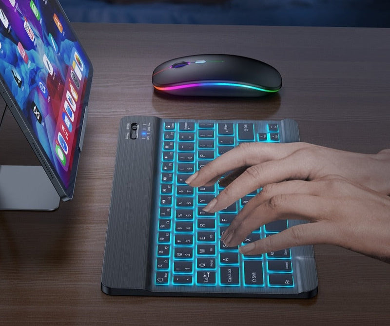 Teclado e mouse Bluetooth sem fio RGB.